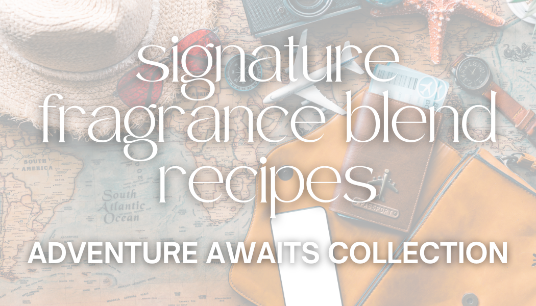 travel background with sunglasses, maps, watch, camera and passport with text on the image for the signature fragrance blend recipe for midwest fragrance company adventure awaits collection
