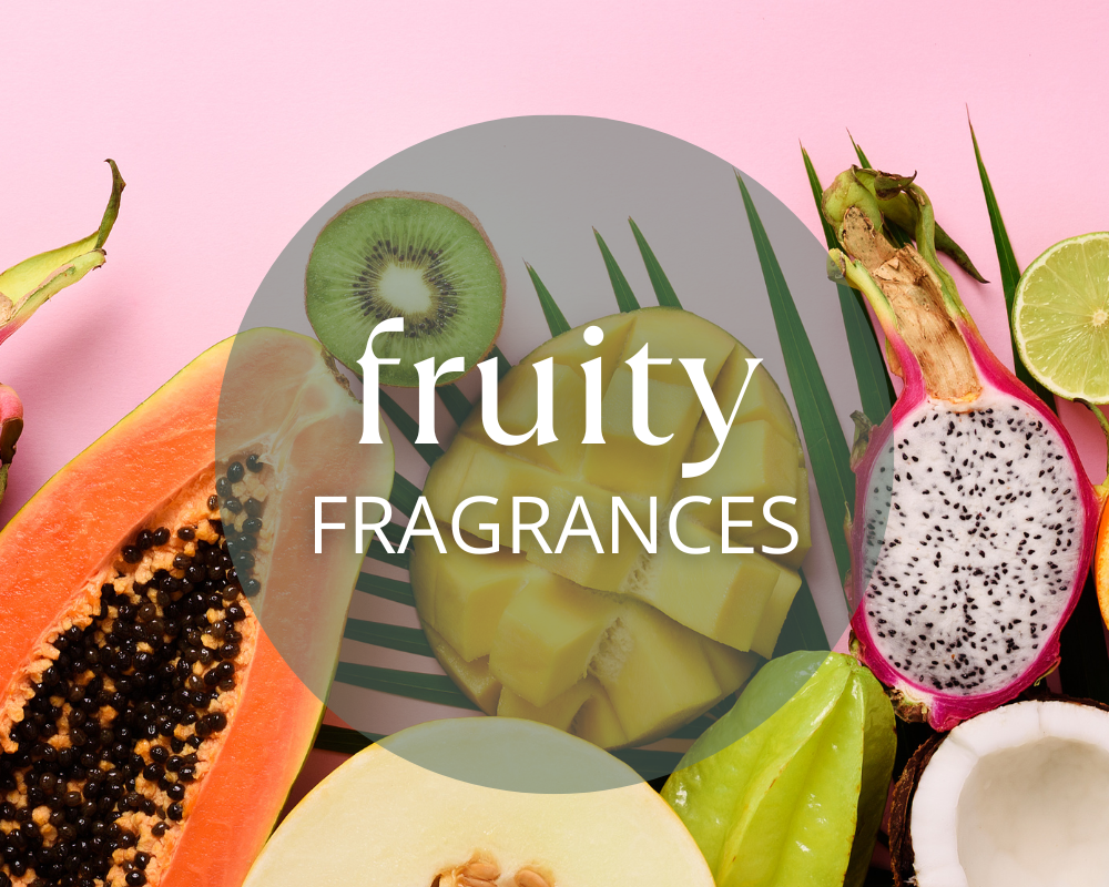 fruits on a pink background with papaya and dragonfruit with words stating fruity fragrances