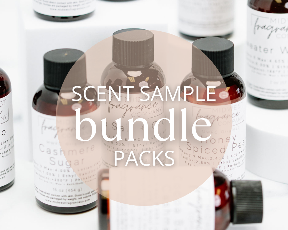 fragrance oils from midwest fragrance company with words scent sample bundle packs on it