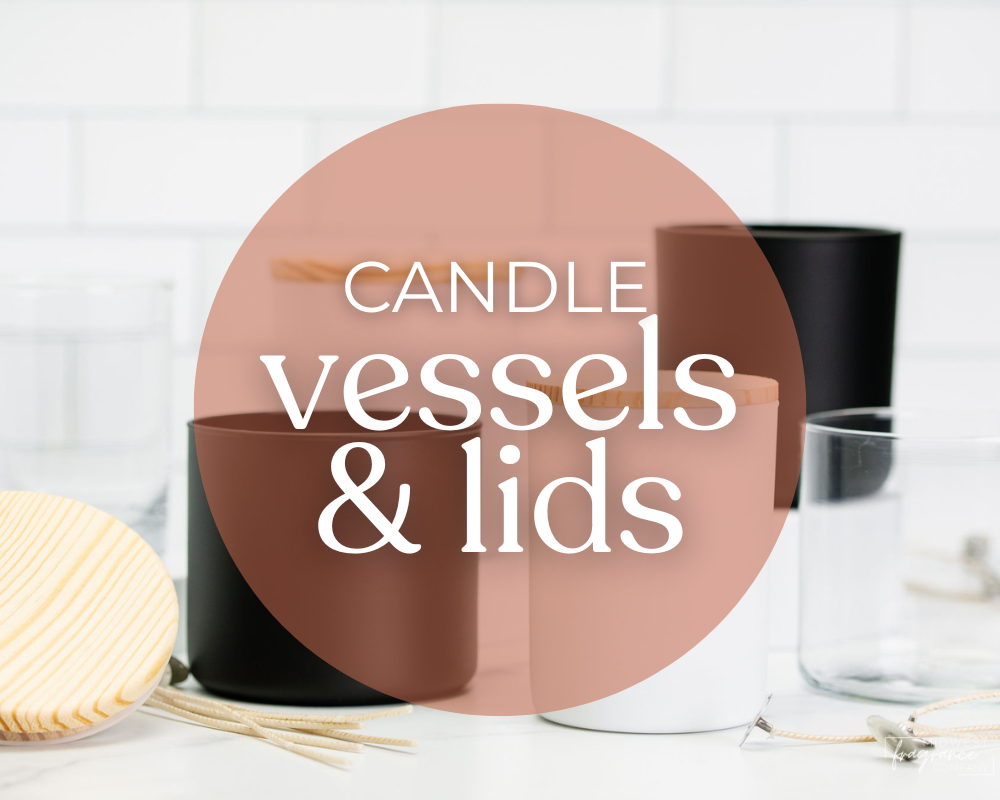 black and white and clear candle making vessels and lids with words candle vessels and lids