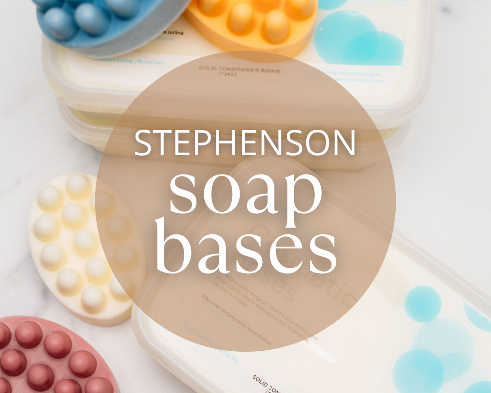 conditioner bars and shampoo bars from Stephenson with words on screen Stephenson soap bases