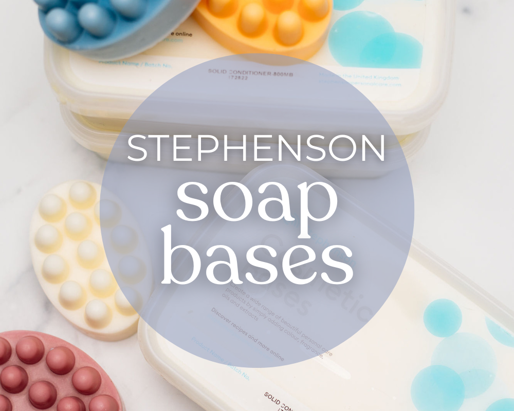 conditioner bars and shampoo bars from Stephenson with words on screen Stephenson soap bases