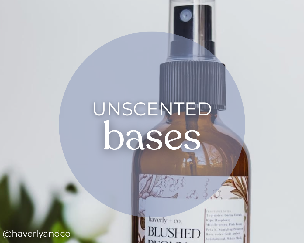 Room spray bottle with text showing unscented bases from midwestern fragrance company