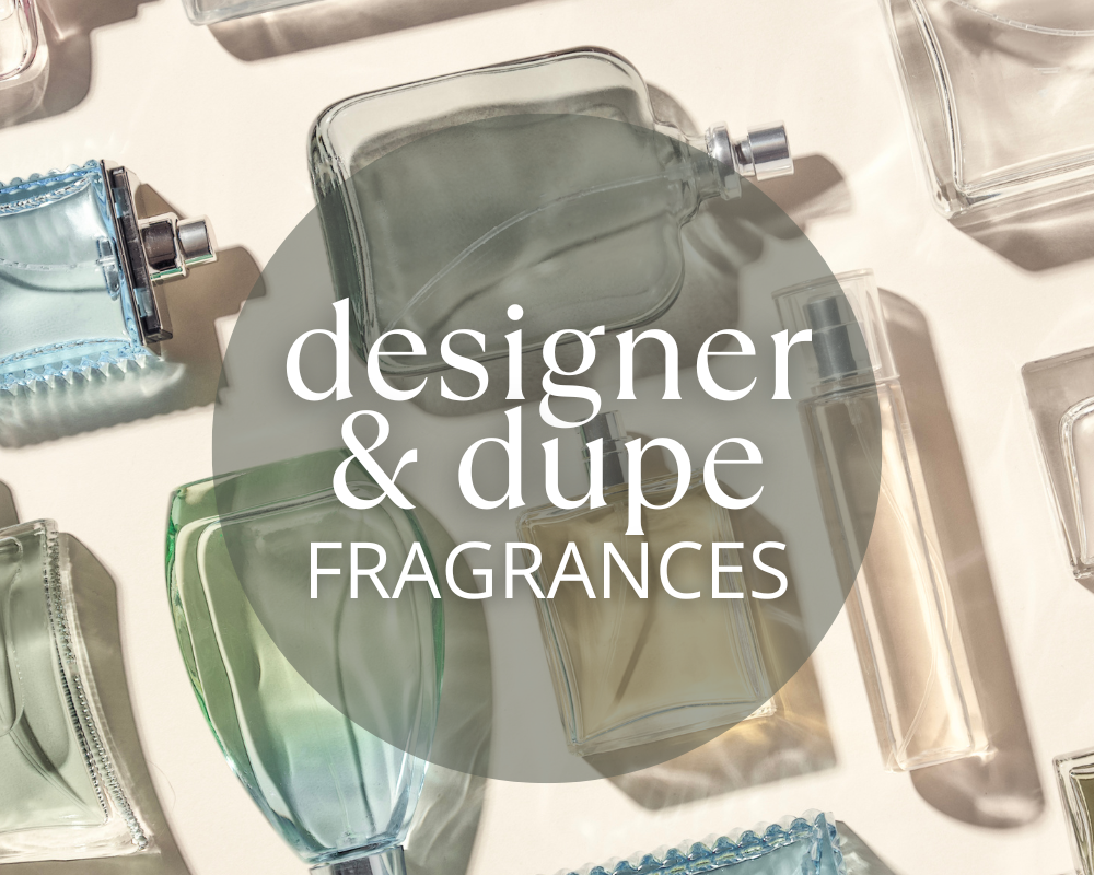 perfum bottles on a flat background with the words designer & dupe fragrances