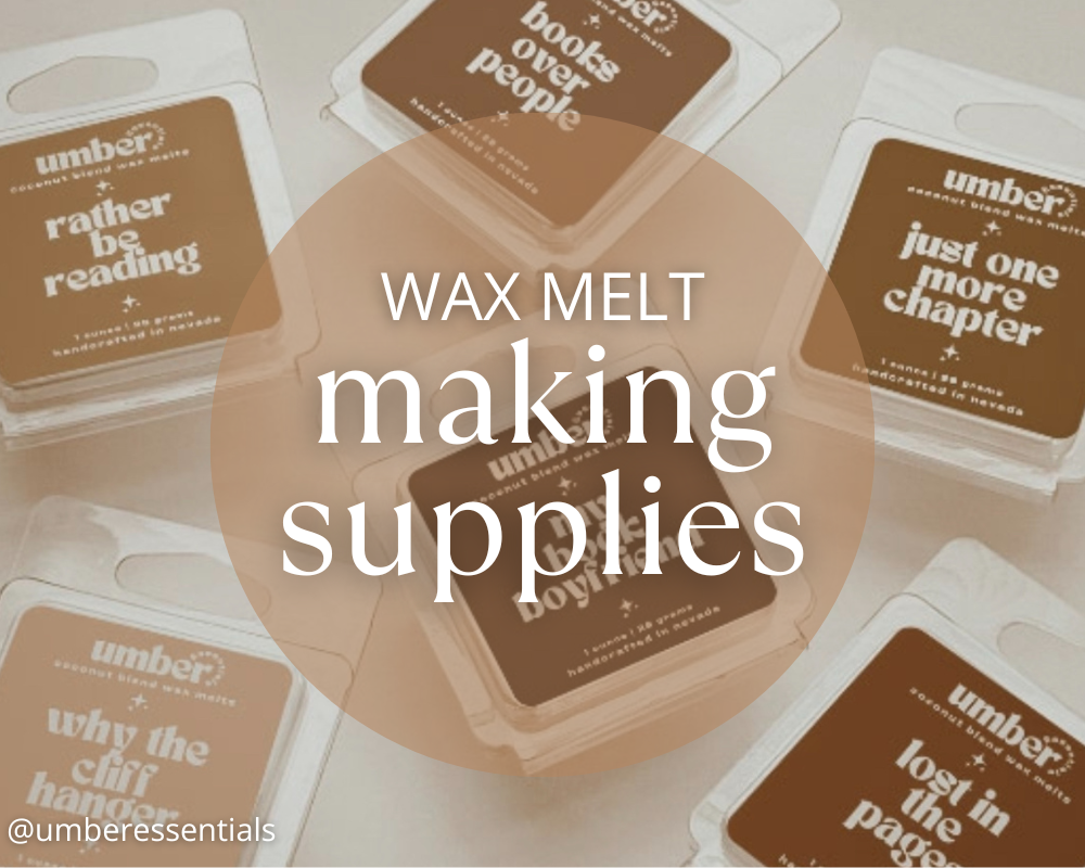 Wax melts and tarts in the background with text showing wax melt and tart making supplies from Midwest fragrance company