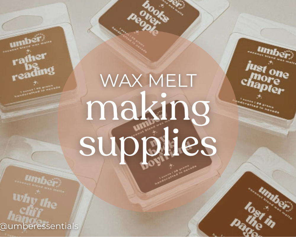 Wax melts and tarts in the background with text showing wax melt and tart making supplies from Midwest fragrance company