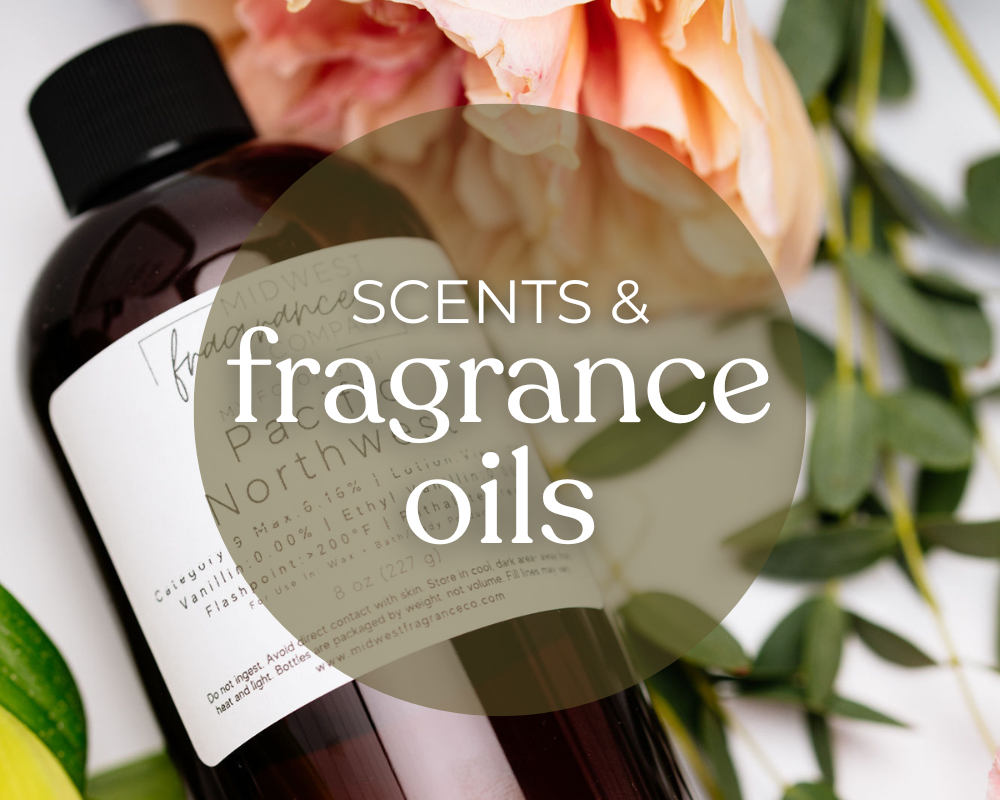 Fragrance oil bottle with text showing scents and fragrance oils from Midwest fragrance company with flowers