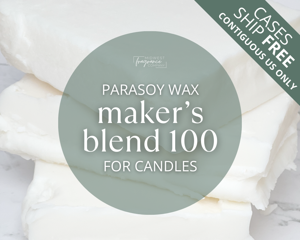 Graphic of an image of parasoy wax slabs called Maker's Blend 100 for candle vessels with size and shipping information.