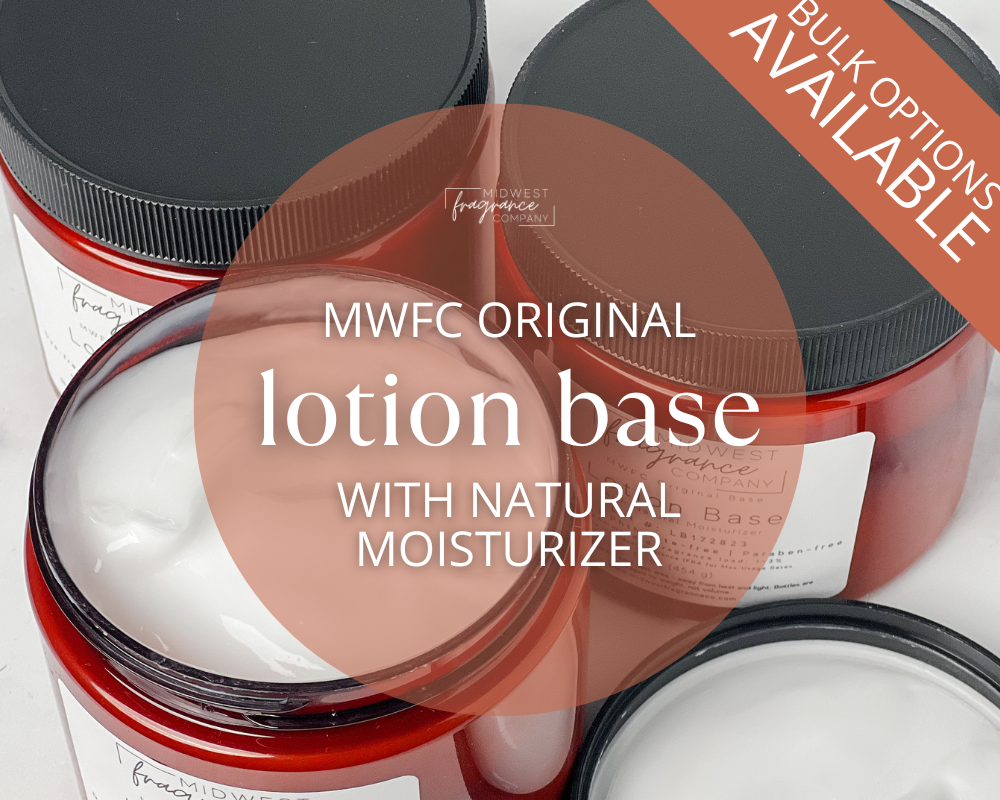 Closed and open amber containers with black lids of white, creamy lotion base for DIY lotion makers to add fragrance to.