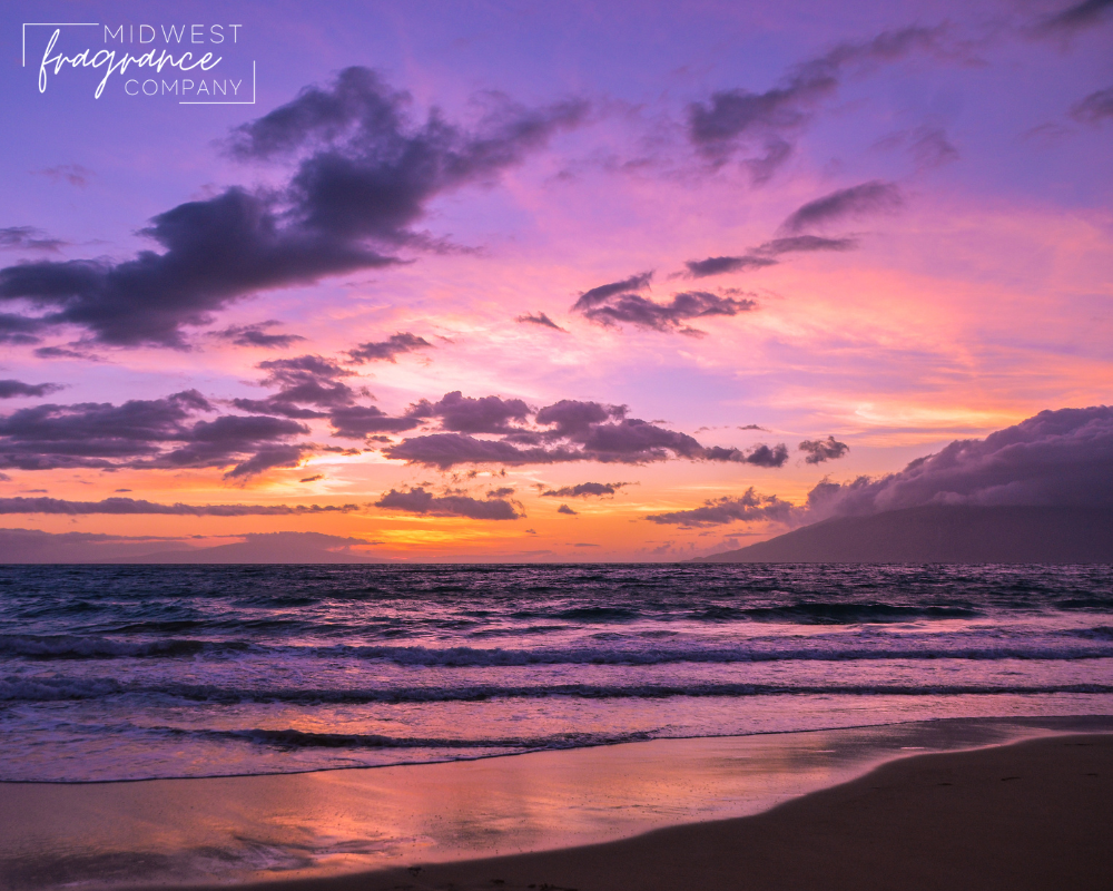 A vibrant beach sunset in shades of purple, pink, and gold depicting a fragrance called Delicia Drench Cheirosa 59, a duplication scent from Sol de Janeiro.