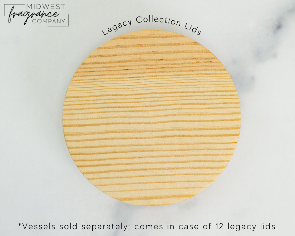 The top of a natural pine wood lid for Legacy candle vessels on a white background.