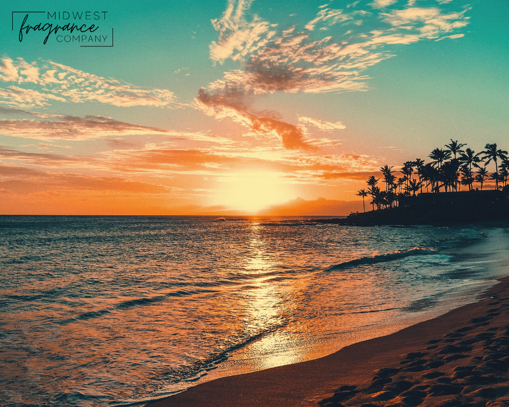 A beautiful sunset over a tropical island and sand beach depicting a duplication fragrance called Rio Radiance.