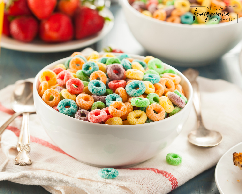 A colorful bowl of Fruit Loops cereal with vibrant rings sitting in a white bowl. The fruity aroma is duplicated perfectly in our fragrance oil.