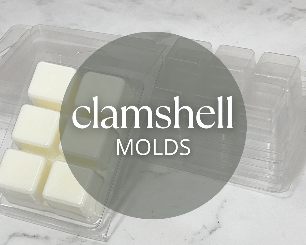 clamshell mold for wax melts with words clamshell molds