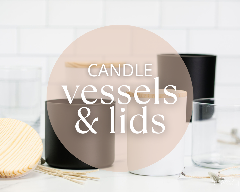 black and white and clear candle making vessels and lids with words candle vessels and lids