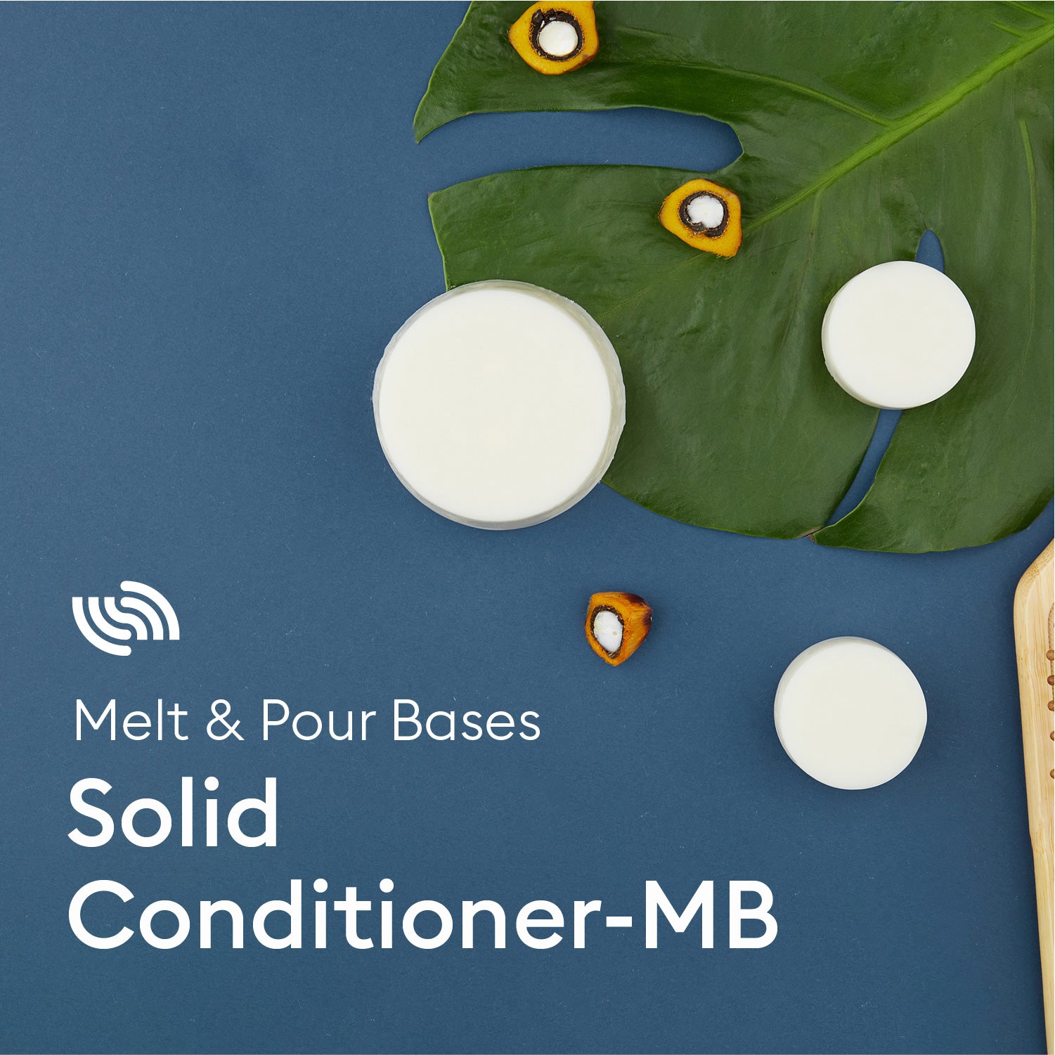 "Flat lay of solid conditioner bars on a dark blue background with green monstera leaves and palm oil fruit. The text reads 'Melt & Pour Bases – Solid Conditioner-MB,' with a minimalist, modern design. A wooden comb is partially visible in the corner.